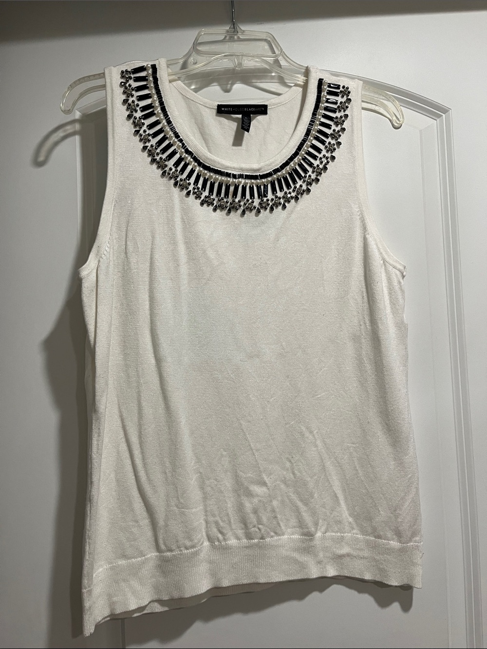 White House Black Market White Sleeveless Top with Beaded Collar
